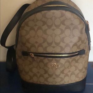 Coach Kenley Large Backpack Signature Monogram C5679 Khaki Black Gold Zip.